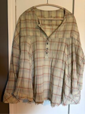 We The Free Light Sage Plaid Button Henley with Rust Stripes